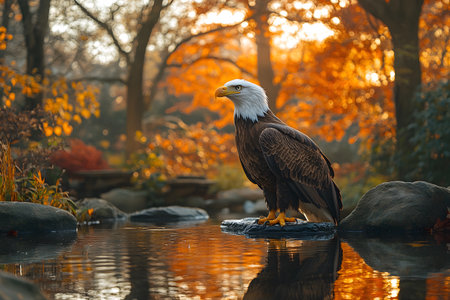 A striking bald eagle perches on a rock in a serene autumn forest. golden foliage and soft sunlight reflect in the calm stream, the bird's regal stature and the season's vibrant colors. Generative AIの素材