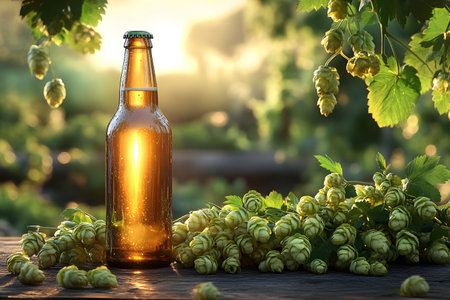 A sunlit beer bottle sits on a rustic wooden table surrounded by fresh, green hop cones in a lush garden setting. the warm glow from the sunlight creates an inviting atmosphere, ideal for brewing-themed designs and promotions. Generative AIの素材