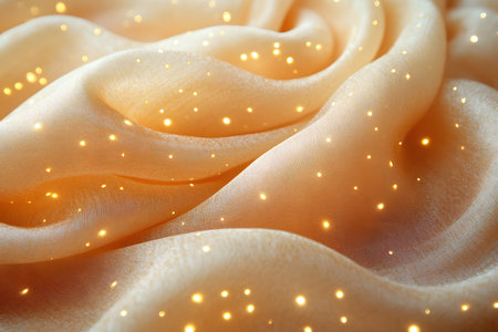 Luxurious drapery in soft peach hues adorned with ethereal, twinkling lights, creating a dreamy and elegant ambiance. ideal for interior decor inspiration, textile design, or magical themed settings. Generative AIの素材