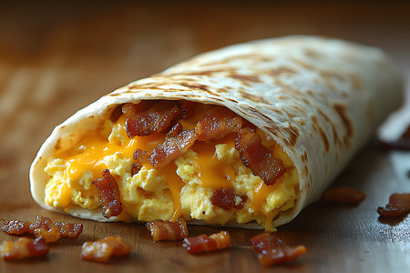 A mouth-watering breakfast burrito filled with creamy scrambled eggs, crispy bacon, and melted cheddar cheese wrapped in a warm tortilla, served on a rustic wooden table, capturing a hearty and satisfying morning meal perfect for a cozy breakfast setting. Generative AIの素材