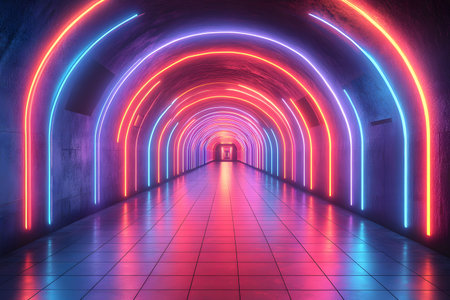 A vivid neon-lit tunnel featuring vibrant, colorful arches in pink, blue, and purple hues. the reflective tiled floor enhances the depth, creating a mesmerizing, futuristic scene perfect for modern art and design concepts. Generative AIの素材