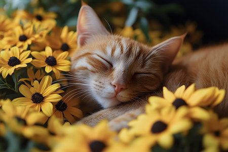 A serene scene of an orange tabby cat peacefully sleeping amidst a bed of vibrant yellow daisies. the sunlight enhances the warm, tranquil atmosphere, the harmonious blend of natural elements and charming feline features. Generative AIの素材