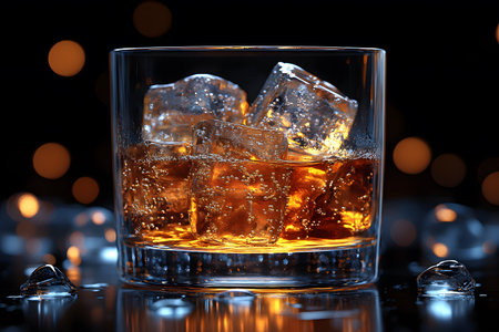 Whiskey with ice cubes in a glass, set against a dark background adorned with a bokeh effect. the golden amber hue of the drink contrasts with the clear ice, creating a sense of warmth and sophistication. Generative AIの素材