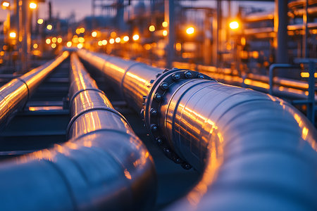 Long metal pipelines stretch into the horizon under a twilight sky, reflecting the warm glow of industrial lights. illustrates complex oil infrastructure, the importance of energy and industrial networks. Generative AIの素材