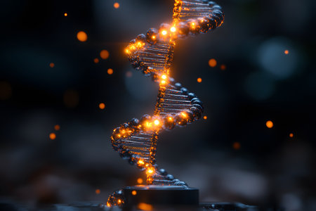 A striking digital rendering of a dna helix illuminated in orange, set against a dark, blurry background. floating particles enhance the futuristic and scientific theme, showcasing innovation and genetic research possibilities. Generative AIの素材