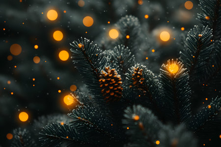 Glowing orange bokeh lights illuminate snow-dusted pine cones on a lush evergreen tree. the scene enchanting essence of winter holidays, bringing warmth and magic to christmas-themed designs or festive decor. Generative AIの素材