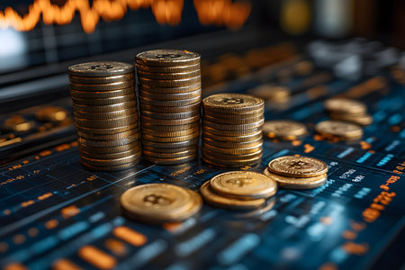 Stacks of bitcoin coins rest on a digital financial chart, the dynamic nature of cryptocurrency investments. the backdrop features fluctuating graphs, symbolizing market trends in the digital currency field. Generative AIの素材