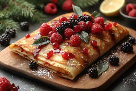 Crepes elegantly topped with fresh raspberries, blackberries, and red currants, presented on a wooden board. accents of powdered sugar and mint leaves enhance the vibrant, rustic holiday brunch aesthetic. Generative AIの素材