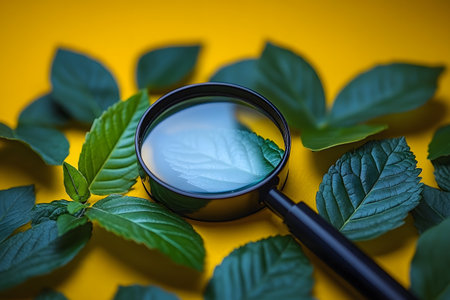 Close-up of a magnifying glass a lush green leaf against a vibrant yellow background. surrounded by additional foliage, the image embodies themes of nature exploration, study, and botanical examination. Generative AIの素材