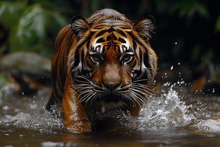 A powerful tiger strides through a jungle stream, its gaze intense, surrounded by lush greenery. the dynamic movement of water essence of the wild, the tiger s majestic presence in its natural habitat. Generative AIの素材