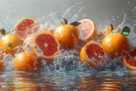 Juicy oranges and grapefruit slices create a dynamic splash in crystal-clear water. the vibrant citrus colors and refreshing water droplets make it ideal for summer-themed food and drink promotions. Generative AIの素材
