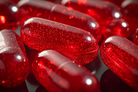 High-resolution image showcasing glossy red capsules filled with glittery contents. ideal for illustrating pharmaceutical themes, health supplements, or futuristic medicinal concepts in marketing and educational materials. Generative AIの素材