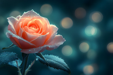 Peach rose adorned with dewdrops set against a softly blurred bokeh background, creating a dreamy garden ambiance. ideal for decorative prints, capturing the essence of serene floral beauty and tranquility. Generative AIの素材