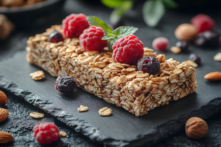 A delectable oatmeal granola bar adorned with fresh raspberries, blueberries, and almonds on a slate plate. the vibrant colors and textures emphasize the healthiness and appeal of this wholesome snack choice. Generative AIの素材