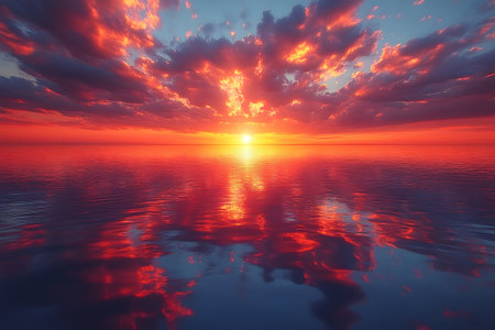 A stunning sunset scene where vibrant hues of orange, red, and blue fill the sky, reflecting off the tranquil ocean below. the dramatic cloud formations add depth and intensity to the serene seascape, creating a mesmerizing view. Generative AIの素材