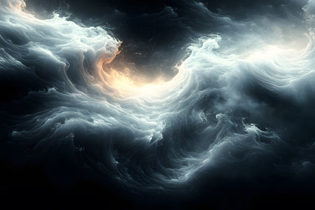 Surreal ocean waves blend with a celestial glow, creating a dreamlike atmosphere. the fluid motion of swirling clouds and light exudes mystery and tranquility, perfect for digital art, backgrounds, or design elements. Generative AIの素材