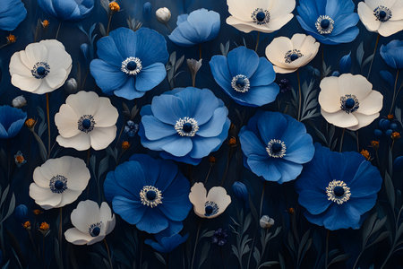 A vibrant array of blue and white flowers creates a captivating pattern, suitable for wall art or fabric design. the contrasting colors and detailed blossoms offer a striking visual appeal for various decorative purposes. Generative AIの素材