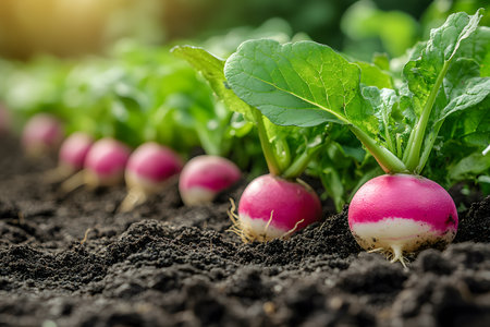 Fresh radishes with vibrant greens grow in rich soil, showcasing sustainable agriculture and organic farming methods. sunlight enhances the healthy appearance of this lush garden scene, representing farm-to-table concepts. Generative AIの素材