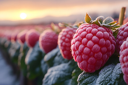 Frost-covered raspberries glisten in the dawn light, nature's delicate winter transformation. rows of ripe berries stretch into the distance, capturing the serene essence of a winter morning in a fruit orchard. Generative AIの素材