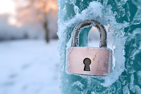 A padlock encased in ice symbolizes security amidst cold conditions. the frosty scene highlights themes of protection and resilience. the blurred snowy background adds depth, enhancing the winter concept. Generative AIの素材