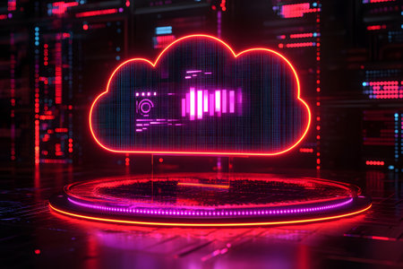Neon-lit 3d cloud symbol in a digital environment, symbolizing advanced cloud computing technology. vibrant lighting and futuristic graphics create a dynamic atmosphere, ideal for tech-focused designs or presentations. Generative AIの素材