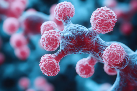 Close-up view of a virus structure showcasing intricate details and textures. the image highlights the virus's surface proteins and molecular components, offering a valuable resource for educational and scientific studies. Generative AIの素材