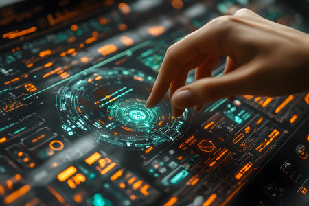A hand interacts with a futuristic touchscreen interface, showcasing digital innovation. the screen displays intricate data and holographic elements, symbolizing advanced technology, connectivity, and human-computer interaction. Generative AIの素材