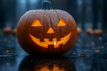 A carved pumpkin illuminated from within, sitting on a wet surface under a rainy night sky. its glowing face creates a classic halloween atmosphere, emphasizing seasonal festivity and autumn charm. Generative AIの素材