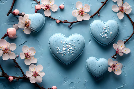 Blue heart-shaped macarons adorned with sugar sprinkles are artfully arranged alongside delicate cherry blossoms. set against a textured blue background, this composition blends culinary art with the beauty of spring. Generative AIの素材
