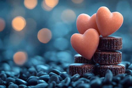 Heart-shaped candies gracefully sit atop stacked chocolate pieces, creating a romantic and sweet composition. the backdrop features smooth pebbles with warm bokeh lights, enhancing the dreamy, indulgent atmosphere. Generative AIの素材