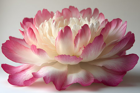 A stunning peony flower with delicate pink-tipped petals is beautifully captured in full bloom against a neutral background. the detailed texture and vibrant hues make it ideal for floral art, design, and nature-themed projects. Generative AIの素材