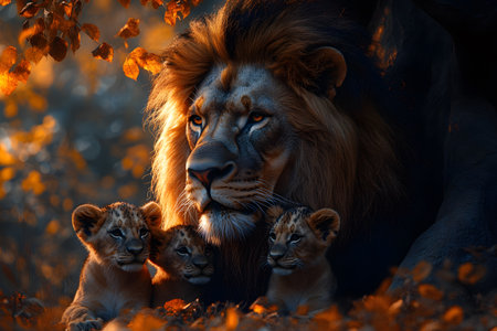 A regal lion stands protectively with three adorable lion cubs amidst glowing autumn foliage. the scene majestic bond and striking beauty of the wildlife setting, emphasizing warmth and familial connection in nature. Generative AIの素材