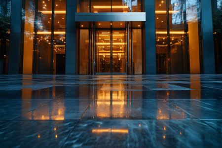 Illuminated office building entrance at dusk, featuring warm lighting and reflective glass facade. the wet pavement creates striking reflections, emphasizing the modern architectural design and urban setting. Generative AIの素材