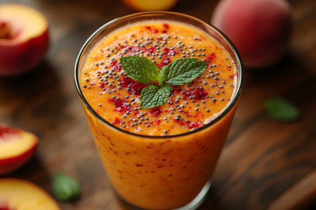 Vibrant peach smoothie garnished with chia seeds and a sprig of mint. set on a wooden table, this nutritious drink is surrounded by fresh peach slices, presenting a perfect summer refreshment option. Generative AIの素材