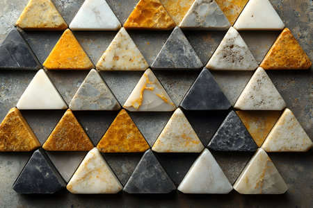 A geometric mosaic features an arrangement of triangular stones in earthy tones such as yellow, gray, and white. the stones' varied textures and colors create a visually striking pattern, ideal for interior design or architectural inspiration. Generative AIの素材