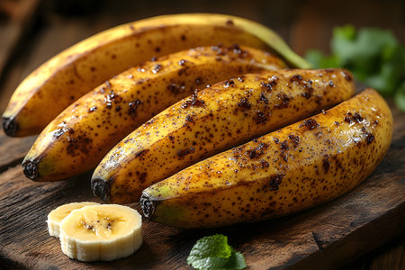 Four ripe bananas with a speckled appearance sit on a rustic wooden board, accompanied by freshly sliced banana pieces and green mint leaves, creating an inviting scene natural, wholesome ingredients. Generative AIの素材