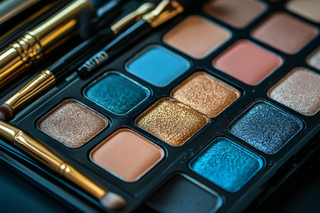 Close-up view of a vibrant eyeshadow palette featuring a range of colorful shades accompanied by makeup brushes. ideal for makeup artistry concepts, showcasing glittery gold, blue, and neutral tones for diverse beauty looks. Generative AIの素材