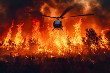 Helicopter flying over a raging forest fire, emergency response and firefighting efforts. the intense flames and thick smoke emphasize the critical role of air support in wildfire management. Generative AIの素材