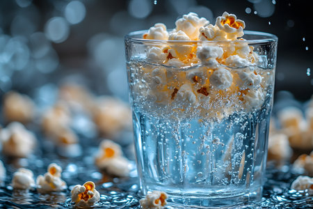 Popcorn floating in a glass of sparkling water creates a whimsical, surreal visual. the background bokeh adds depth and focus to this imaginative composition, perfect for creative culinary, artistic, or advertising concepts. Generative AIの素材