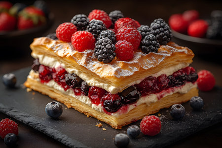 A gourmet pastry dessert artfully layered with fresh raspberries, blackberries, and a variety of berries. creamy filling complements the flaky pastry, ideal for culinary presentations and food photography. Generative AIの素材