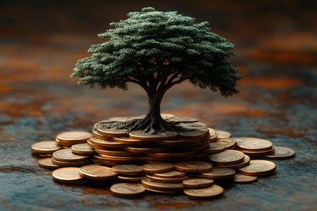 A tree sits atop a stack of gold coins, representing financial growth and investment success. the image symbolizes prosperity, wealth accumulation, and sustainable economic development, ideal for financial or investment themes. Generative AIの素材