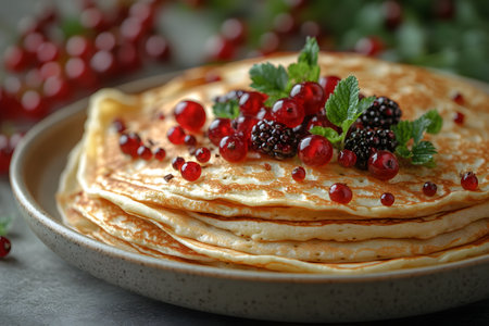 Stack of golden pancakes topped with fresh redcurrants, blackberries, and mint leaves, served on a rustic plate. the inviting combination of textures and colors embodies a delightful and wholesome breakfast setting. Generative AIの素材