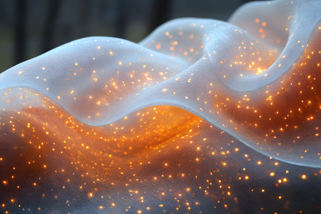 A mesmerizing scene of translucent fabric draped in soft folds, illuminated with tiny sparkling lights. the warm glow creates an enchanting, abstract art piece, perfect for decor or creative design inspiration. Generative AIの素材