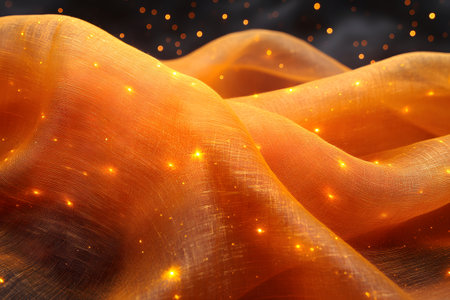 Golden fabric waves are softly illuminated by glowing particles, creating an elegant and ethereal atmosphere. this abstract composition highlights the interplay of light and texture, perfect for decorative and artistic design projects. Generative AIの素材