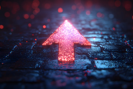 Illuminated, glowing neon arrow pointing upwards on a textured wet cobblestone street at night. the vibrant red hues create a striking contrast against the dark background, capturing a futuristic, direction-focused theme. Generative AIの素材