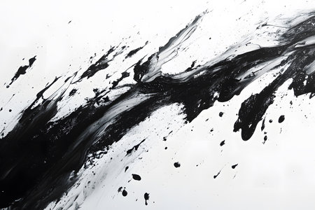Dynamic black and white paint splash captured in an abstract form, offering a bold and striking visual composition. ideal for creative design projects, offering a sense of movement and energy through contrasting tones and fluid lines. Generative AIの素材