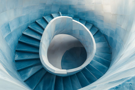 Elegant and abstract blue spiral staircase showcasing modern architectural design. the smooth curves and serene color palette highlight minimalism, creating a visually striking focal point with dimensional depth and fluidity. Generative AIの素材