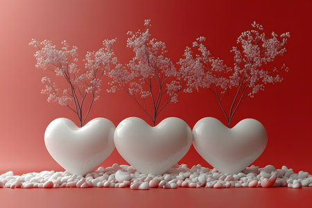 Heart-shaped ceramic vases elegantly display delicate floral arrangements, set against a vibrant red backdrop. surrounded by smooth stones, this composition exudes romance and sophistication, perfect for valentine's day and romantic settings. Generative AIの素材