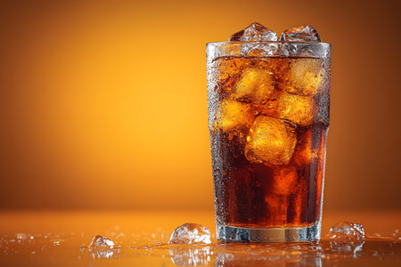 A tall glass filled with a refreshing iced beverage, featuring clear ice cubes and condensation droplets, set against a vibrant orange gradient backdrop. ideal for summer, refreshment, and drink-related concepts. Generative AIの素材