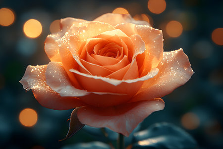 Orange rose adorned with dew drops, highlighted by a warm bokeh background. the delicate petals glow in soft light, creating an atmosphere of tranquility and natural beauty, perfect for floral-themed designs or calming visuals. Generative AIの素材